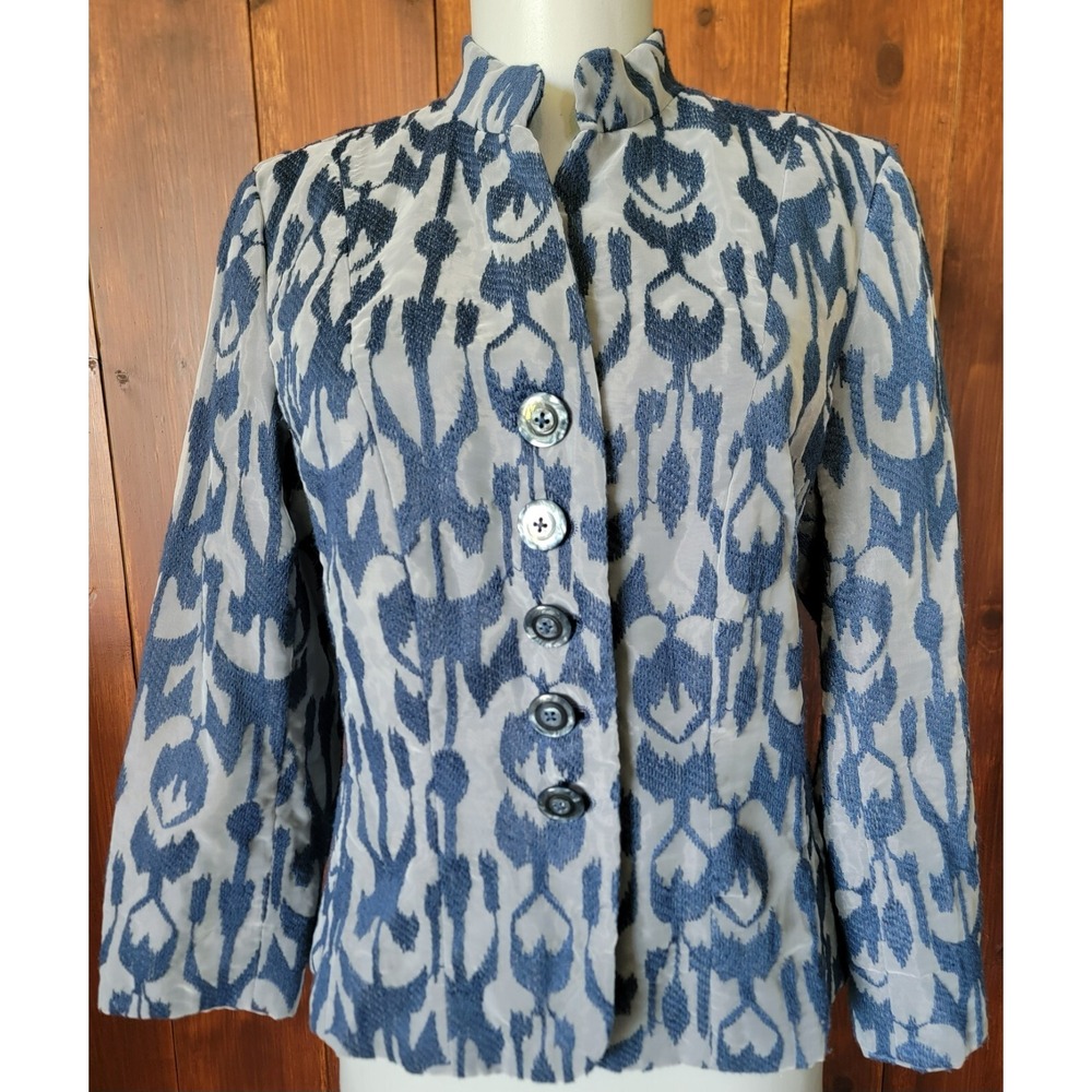 Coastal Boho Coldwater Creek Women P6 Blue Embroidered‎ Blazer Elegant Mandarin